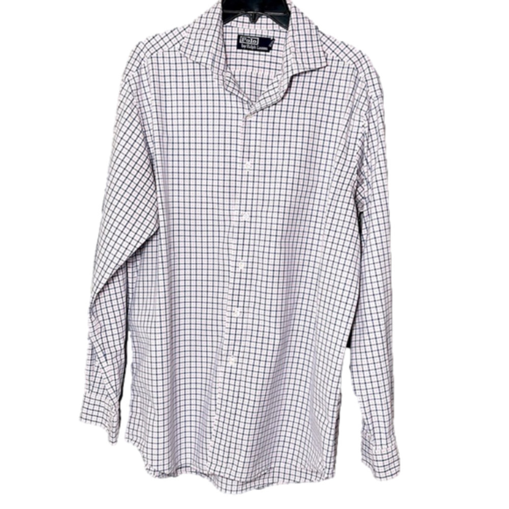 Vintage polo ralph lauren white, pink, & blue men’s button down shirt - sz large